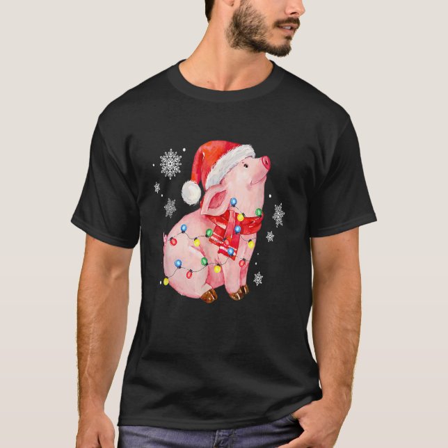 Camiseta Navidades Luces de cerdo Santa Hat Gift para hombr (Anverso)