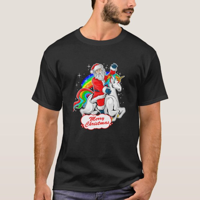 Camiseta Navidades montando unicornio, lindo arcoiris navid (Anverso)