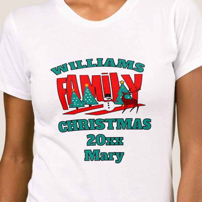 Camiseta Navidades nombre de familia verde rojo editable T- (Subido por el creador)