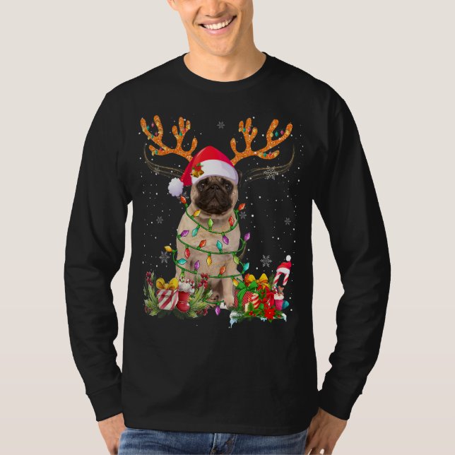 Camiseta Navidades Pajamas Perro de la familia de renos Pug (Anverso)