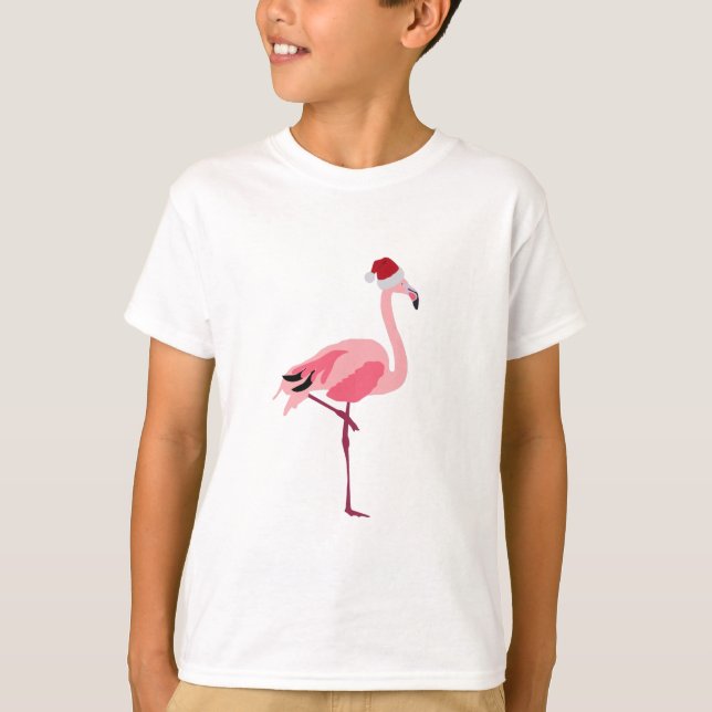 Camiseta Navidades Pájaro Flamingo Rosa con Santa Hat (Anverso)