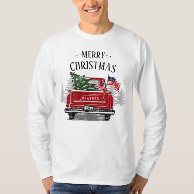 Camiseta Navidades patrióticos Vintage Red Truck Bandera de (Anverso)