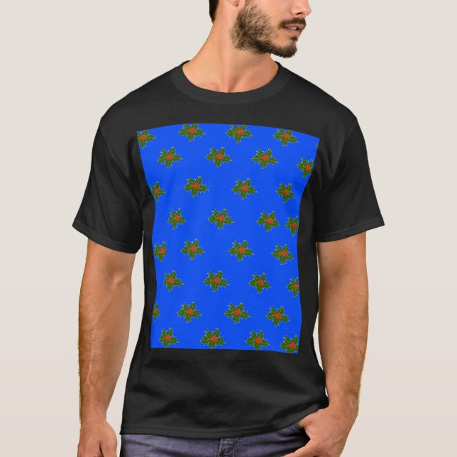 Camiseta Navidades Patrón decorativo Holly en azul (Anverso)