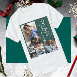 Camiseta Navidades personalizados modernos de la familia de<br><div class="desc">Collage fotográfico moderno familiar de vacaciones de invierno en un fondo verde (color cambiable) con un moderno guión de escritura a mano y copos de nieve blancos.            Personalízalo con tus imágenes y texto!</div>