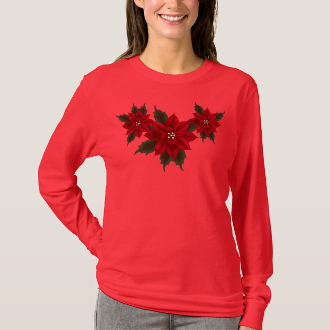 Camiseta Navidades Poinsettia Hanes Deep Red LS T-Shirt (Anverso)