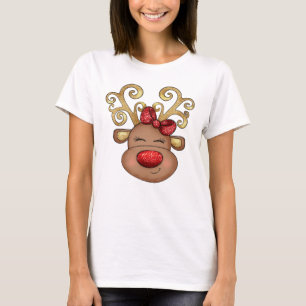 Camiseta Navidades renos enfrentan nariz purpurina roja
