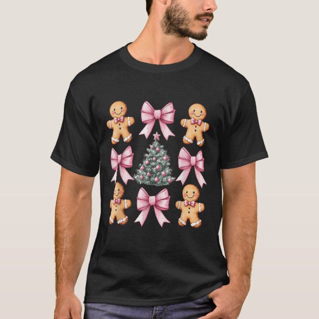 Camiseta Navidades retro Coquette Bow Gingerbread Man rosa (Anverso)