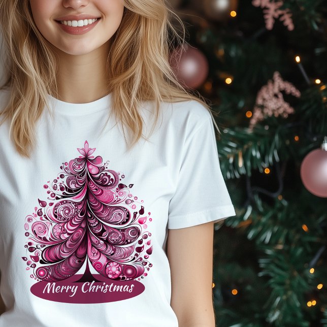 Camiseta Navidades Rosa Merry Art Nouveau Árbol caprichoso (Merry Pink Christmas Art Nouveau Whimsical Tree T-Shirt)