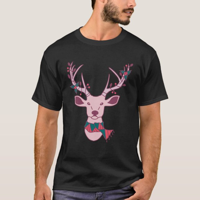 Camiseta Navidades rosas ciervos con bufanda y mistletoen u (Anverso)