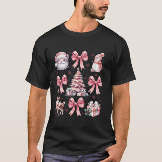Camiseta Navidades rosas Coquette Bow Santa Pattern Mujeres