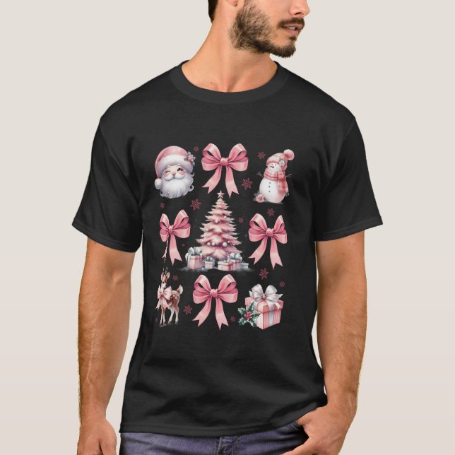 Camiseta Navidades rosas Coquette Bow Santa Pattern Mujeres (Anverso)