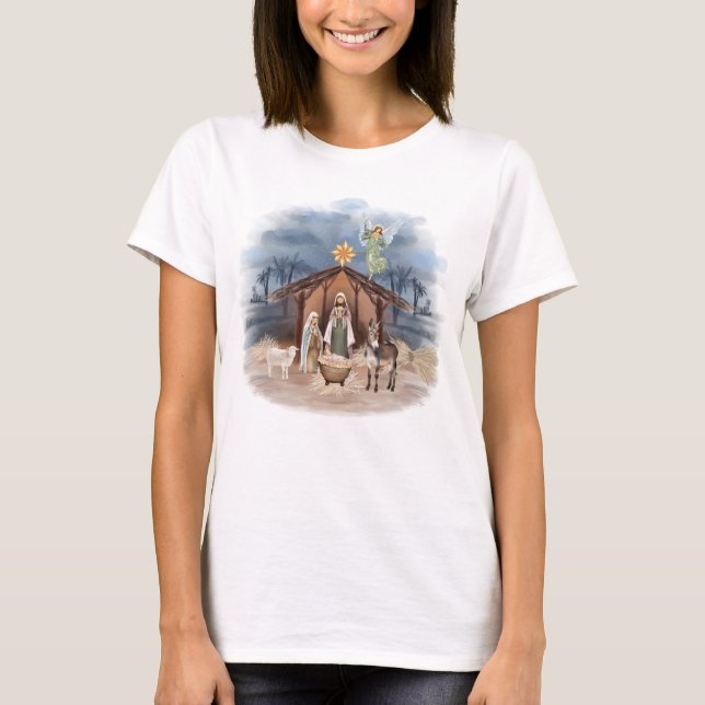 Camiseta Navidades rústicos campesinos acuarela natividad (Anverso)