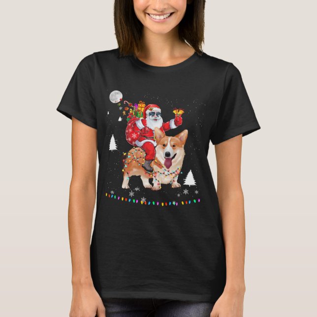 Camiseta Navidades Santa Claus Montando Corgi Dog Encenden  (Anverso)