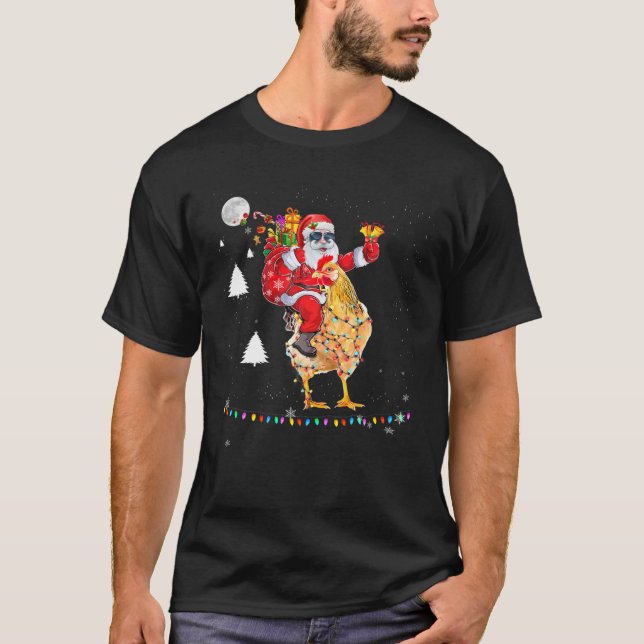 Camiseta Navidades Santa Claus montando luces de pollo Xmas (Anverso)
