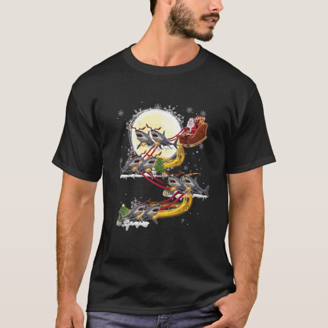 Camiseta Navidades Santa Claus Montando Tiburón Para Niños  (Anverso)