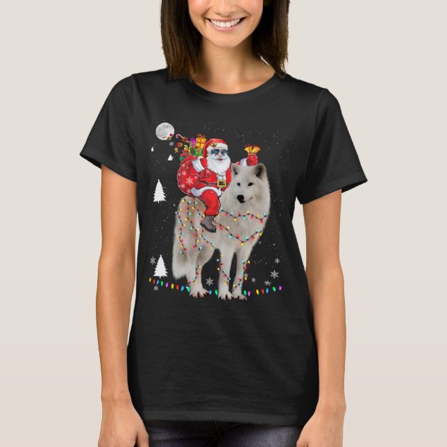 Camiseta Navidades Santa Claus Riding Samoyed Lights Xmas H (Anverso)