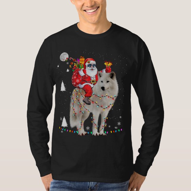 Camiseta Navidades Santa Claus Riding Samoyed Lights Xmas H (Anverso)