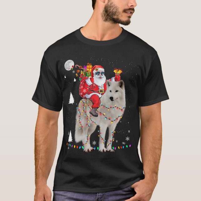 Camiseta Navidades Santa Claus Riding Samoyed Lights Xmas H (Anverso)