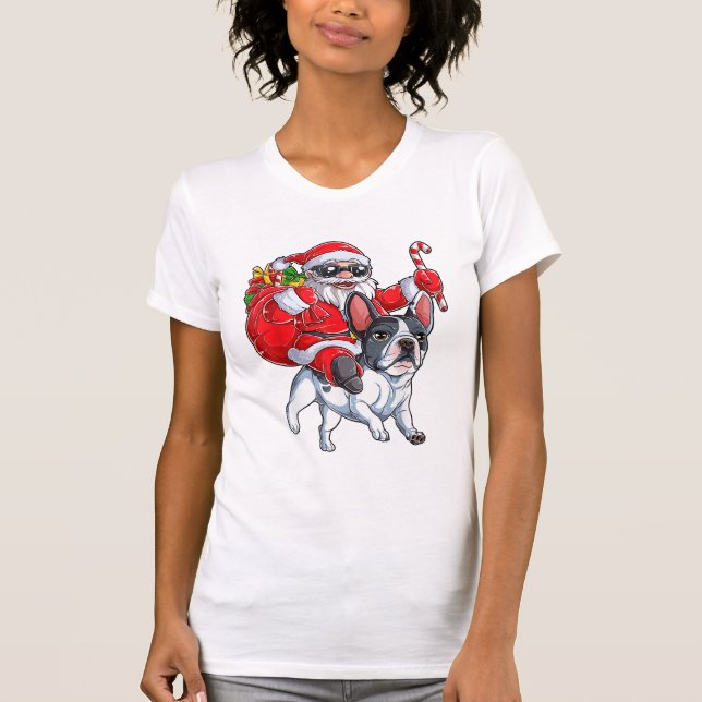 Camiseta Navidades Santa Claus viajando en Bulldog francés  (Anverso)