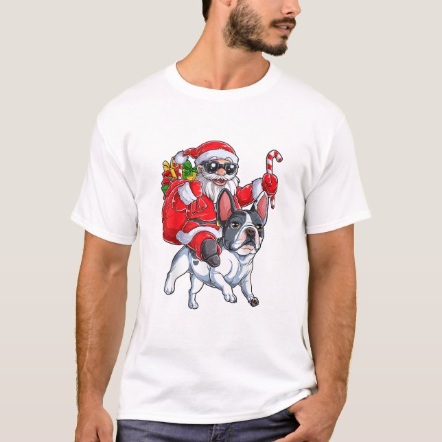 Camiseta Navidades Santa Claus viajando en Bulldog francés  (Anverso)