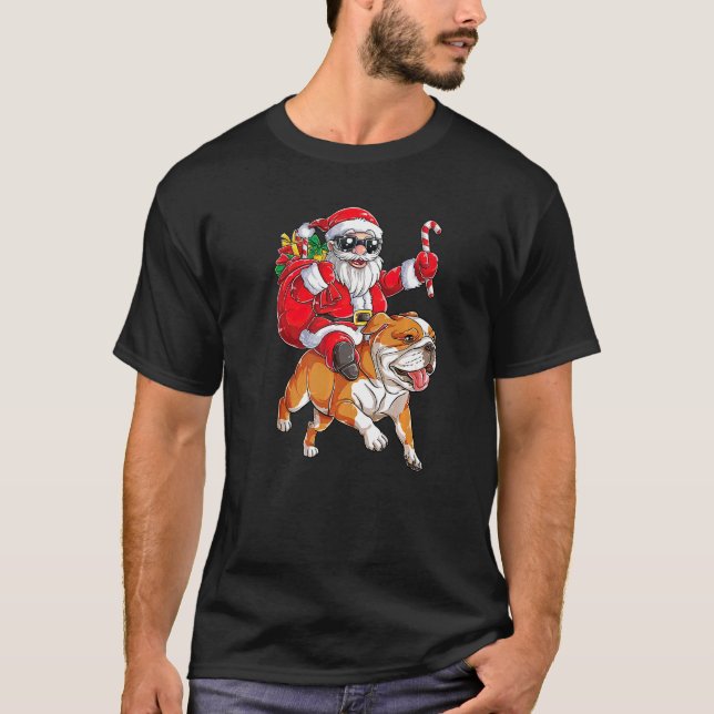 Camiseta Navidades Santa Claus viajando en Bulldog inglés (Anverso)