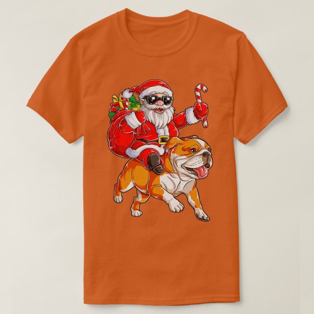 Camiseta Navidades Santa Claus viajando en Bulldog inglés n (Diseño del anverso)