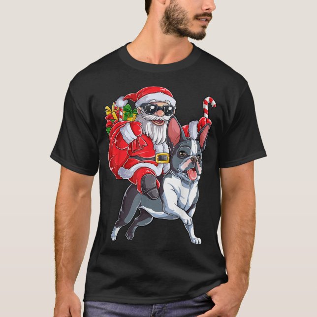Camiseta Navidades Santa Claus viajando en el Boston Terrie (Anverso)