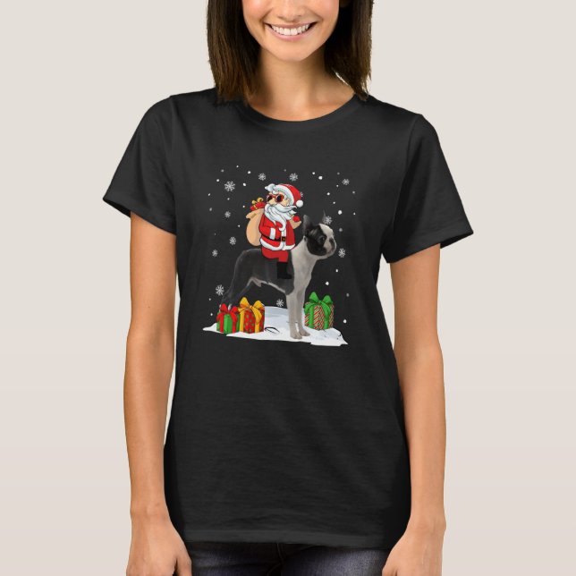 Camiseta Navidades Santa Claus viajando en el Boston Terrie (Anverso)