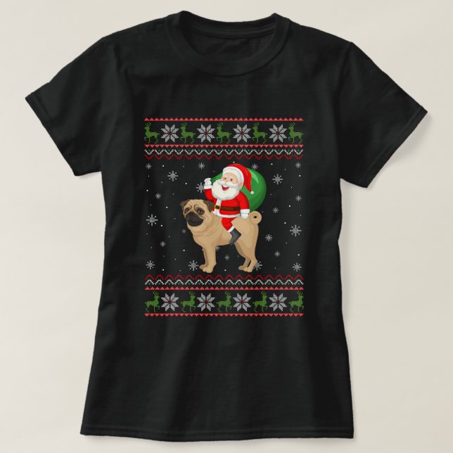 Camiseta Navidades Santa Riding Pug Dog Graciosamente Exmis (Diseño del anverso)
