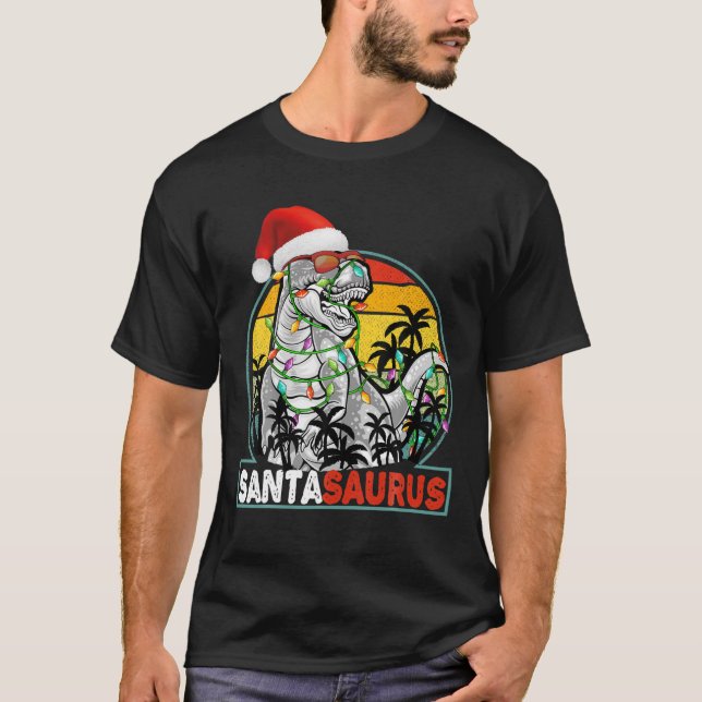 Camiseta Navidades Santasaurus Dinosaur Rex Xmas Luces Homb (Anverso)