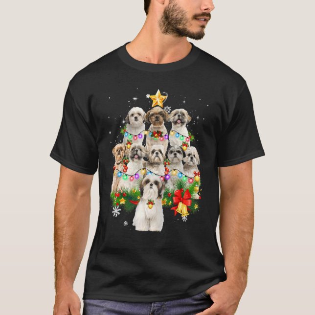 Camiseta Navidades Shih Tzu Árbol de perro enciende familia (Anverso)
