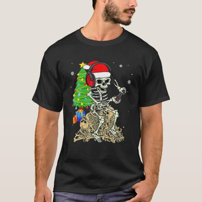 Camiseta Navidades Skeleton Gamer Pajama Familia de árboles (Anverso)