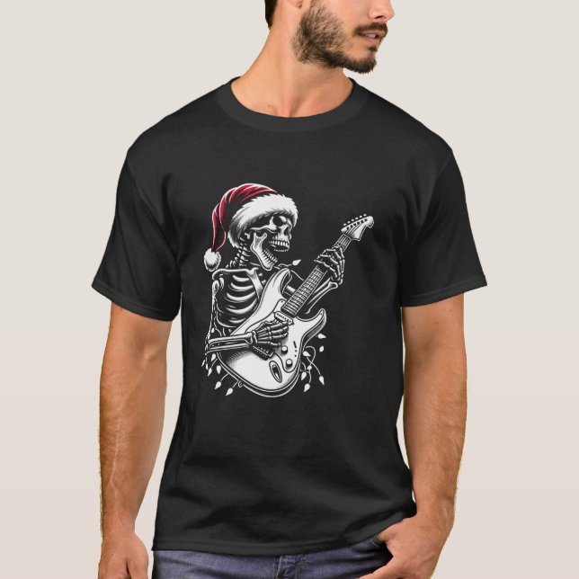 Camiseta Navidades Skeleton Tocando Guitarra Santa Hat (Anverso)