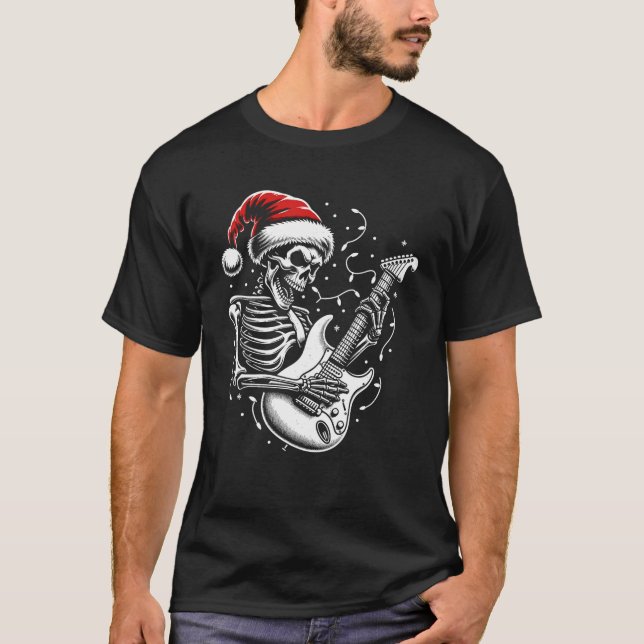 Camiseta Navidades Skeleton Tocando Rock De Guitarra Y Roll (Anverso)