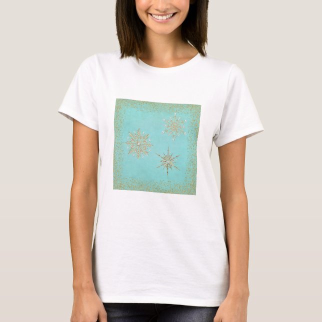 Camiseta Navidades Snowflakes Aqua & Gold (Anverso)