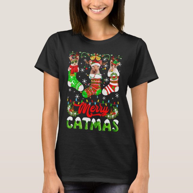 Camiseta Navidades Sphynx Cat Santa Hat Scarf Holiday Cut (Anverso)