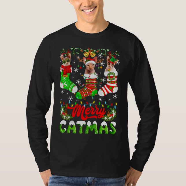 Camiseta Navidades Sphynx Cat Santa Hat Scarf Holiday Cut (Anverso)