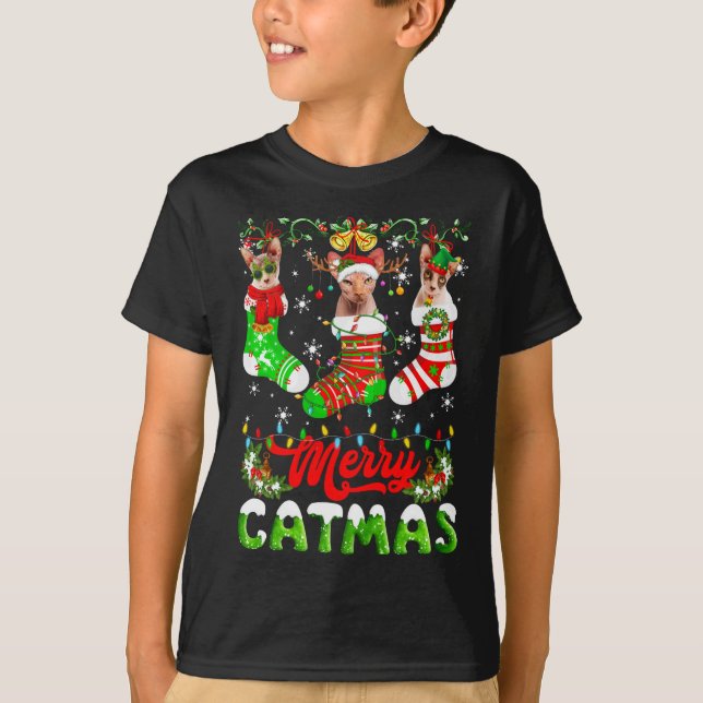 Camiseta Navidades Sphynx Cat Santa Hat Scarf Holiday Cut (Anverso)