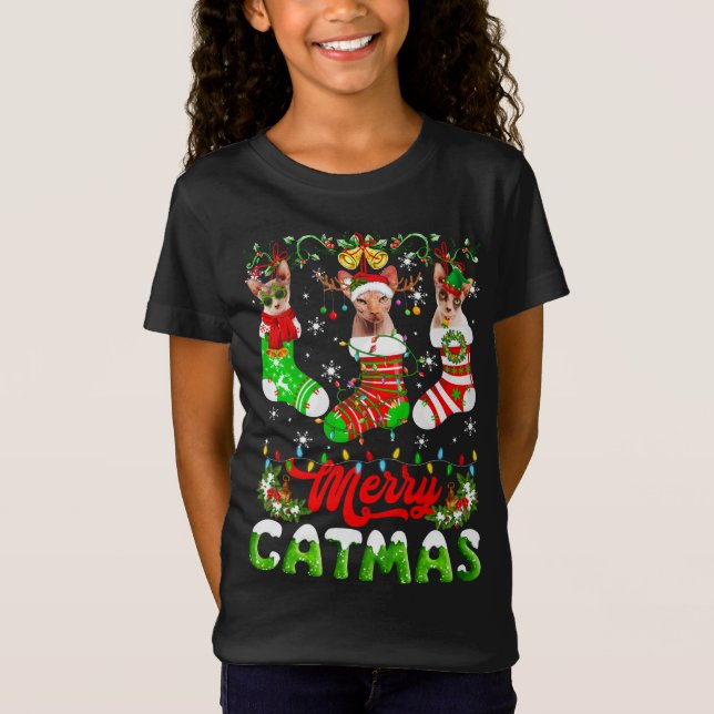 Camiseta Navidades Sphynx Cat Santa Hat Scarf Holiday Cut (Anverso)