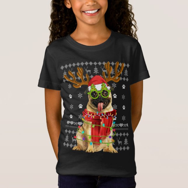 Camiseta Navidades suéteres feos alumbran Perro Pug Perro P (Anverso)