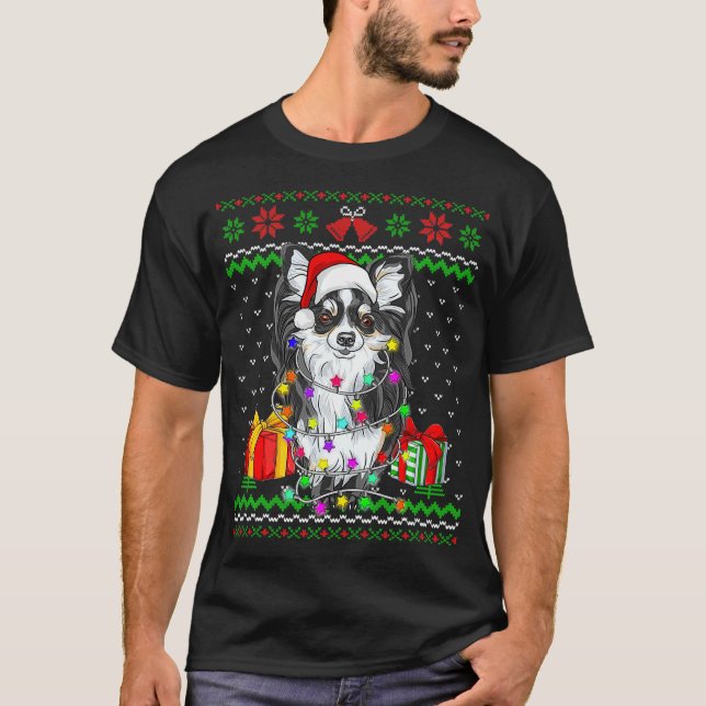 Camiseta Navidades suéteres feos iluminan cachorro de perro (Anverso)