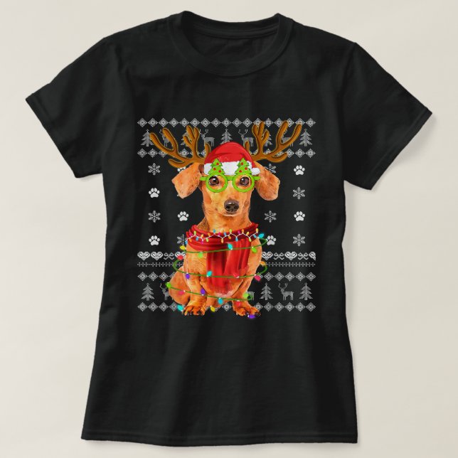 Camiseta Navidades suéteres feos iluminan dachshund (Diseño del anverso)