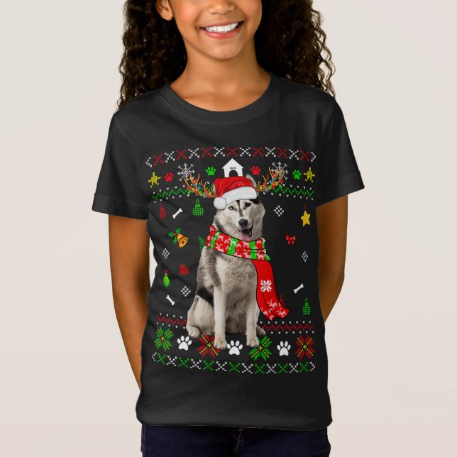 Camiseta Navidades suéteres feos Perro Husky Siberiano Cach (Anverso)