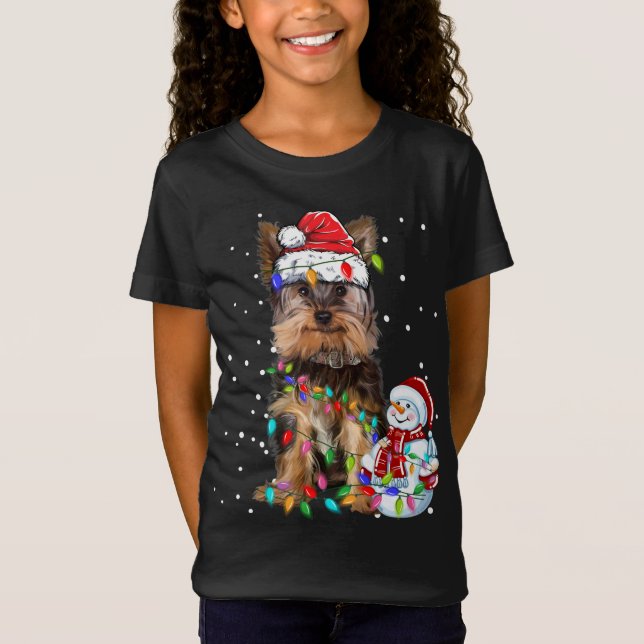 Camiseta Navidades Terrier de Yorkshire Santa Hat Xmas Luce (Anverso)