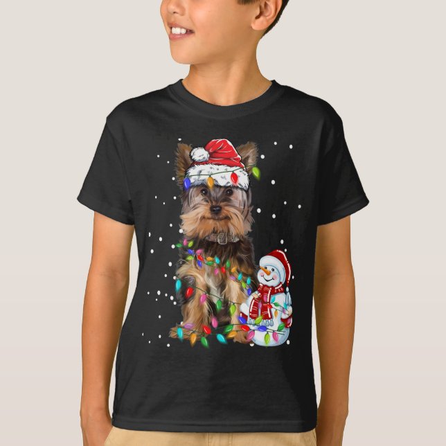 Camiseta Navidades Terrier de Yorkshire Santa Hat Xmas Luce (Anverso)