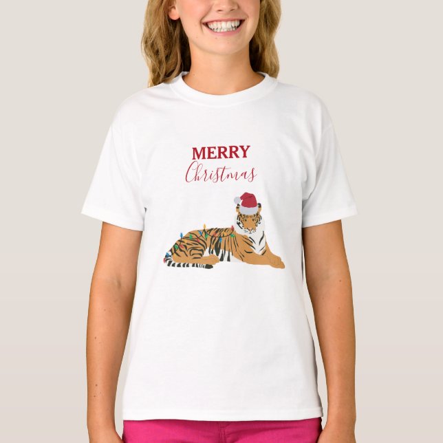 Camiseta Navidades tigre animales graciosos con Santa Hat (Anverso)