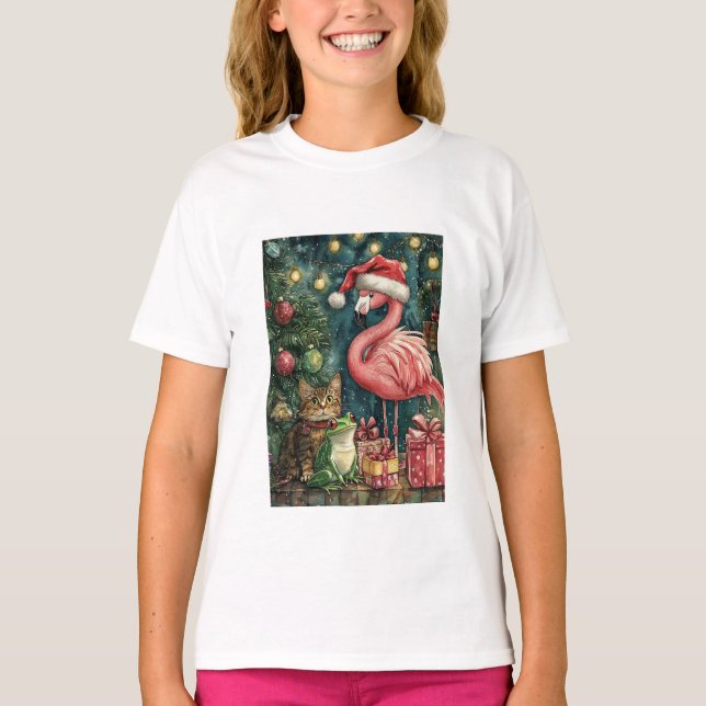 Camiseta Navidades tropicales de gato y rana Flamingo rosa (Anverso)