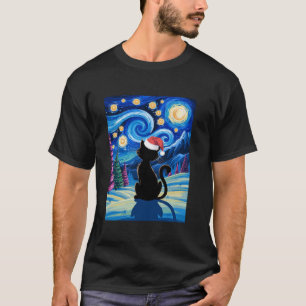 Camiseta Navidades Van Gogh Cat Starry Night Black Cat Sant