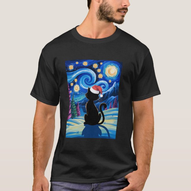 Camiseta Navidades Van Gogh Cat Starry Night Black Cat Sant (Anverso)