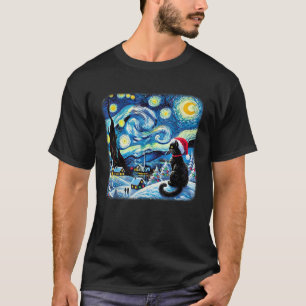 Camiseta Navidades Van Gogh Starry Night Black Cat Santa Ha